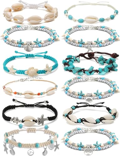 12Pcs Shell Turtle Ankle Bracelets Handmade Seashell Bead Starfish Cowrie Dolphin Adjustable Layered Anklets for Women Boho Hawaii Summer Beach Foot Jewelry - style: B: Shell