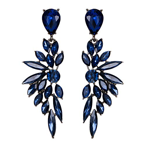 Women's Wedding Bridal Earrings Prom Dangle Earring | Shiny Crystal Teardrop Multi Marquise Cluster for Bride Bridesmaid Bling Jewelry Costume Party Accessories - color: 12-Sapphire Color Black-Tone