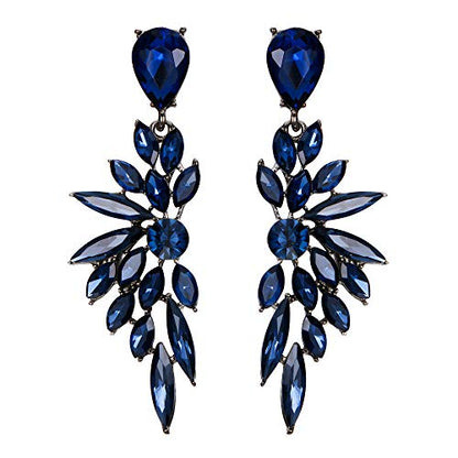 Women's Wedding Bridal Earrings Prom Dangle Earring | Shiny Crystal Teardrop Multi Marquise Cluster for Bride Bridesmaid Bling Jewelry Costume Party Accessories - color: 12-Sapphire Color Black-Tone