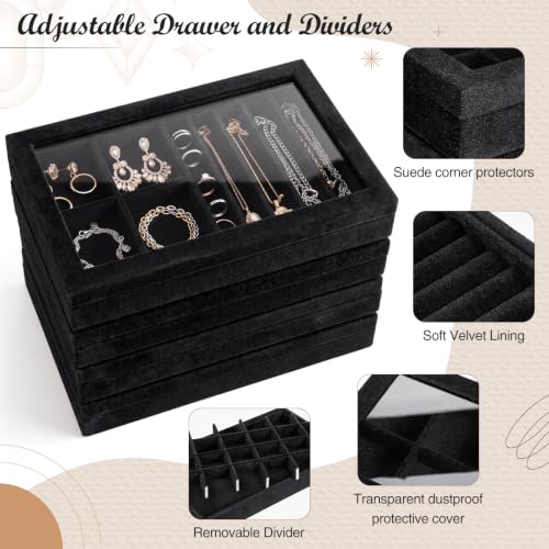 SiliFine Set of 4 Large Stackable Velvet Jewelry Trays with 4 Lids,Black - color: Black
