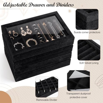SiliFine Set of 4 Large Stackable Velvet Jewelry Trays with 4 Lids,Black - color: Black