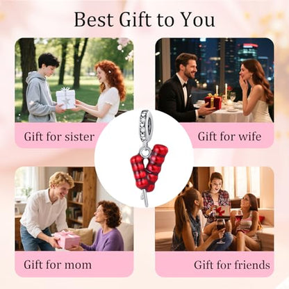 S925 Sterling Silver Cute Bead Charm for Pandora Bracelets and Necklaces | Lucky Clover Cute Animal Pink Bow Cherry Butterfly Pendant Bead Charms Jewelry Making Gifts for Women Valentines Mother's Day - style: Bingtanghulu pendant