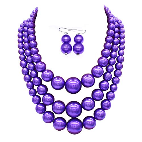 JNF Faux Pearl Statement Necklaces Big Beaded Necklace for Women Chunky Pearls Necklace and Earring Set Large beads Costume Necklace - color: Purple pearl necklace