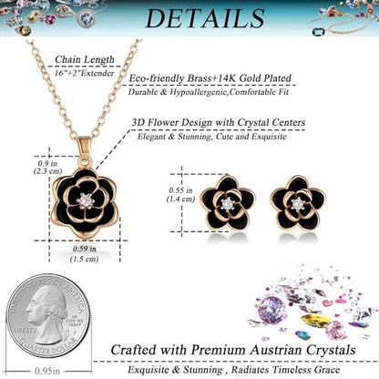 EVEVIC Dainty Flower Pendant Necklace Earrings for Women 14K Gold Plated Hypoallergenic Jewelry Sets - color: Black /Rose Gold-tone
