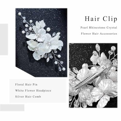 Foyte Bridal Flower Hair Clip White Flower Hair Comb Rhinestone Floral Hairpin Crystal Pearl Hairpieces for Women and Brides