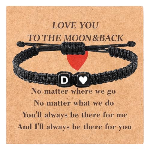 Valentines Day Gifts for Him Her Heart Love Letter Initial Matching Couple Bracelets for Women Men Teen Gifts Best Friend Graduation Birthday Gifts A-Z Braided Bracelet Son Daughter Dad Jewelry - color: Black-D