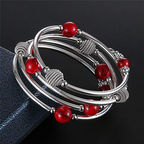 PEARL&CLUB Beaded Chakra Bangle Turquoise Bracelet - Fashion Jewelry Wrap Bracelet with Thick Silver Metal and Mala Beads, Birthday Gifts For Women - color: 63-Red