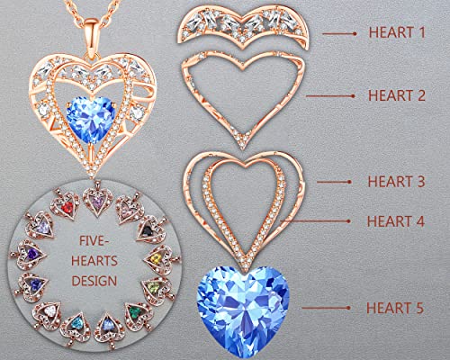 5 Heart I Love You Necklace for Women, Birthstone Crystal Pendant, Birthday Gift for Her, Wife, Mom, Rose Gold or Gunmetal Plated, 925 Sterling Silver Chain 18"+2" - color: 09-September-Sapphire Blue-Rose Gold Plated