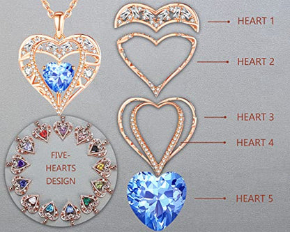 5 Heart I Love You Necklace for Women, Birthstone Crystal Pendant, Birthday Gift for Her, Wife, Mom, Rose Gold or Gunmetal Plated, 925 Sterling Silver Chain 18"+2" - color: 09-September-Sapphire Blue-Rose Gold Plated