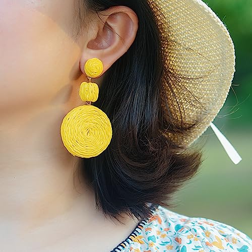 Statement Raffia Boho Round Dangle Ball Earrings - Cute Handmade Summer Bohemian Dangling Jewelry for Women - color: Yellow