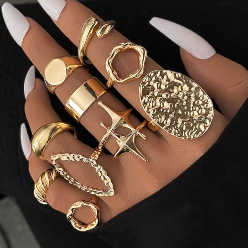 Chunky Rings for Women Non Tarnish 14k Stackable Dome Statement Rings Sets Vintage Dainty Knuckle Open Midi Finger Rings Jewelry Pack Gifts - style: 10PCS