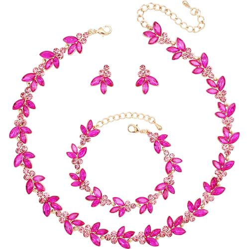 Bridal Wedding Crystal Leaf Choker Necklace Dangle Earring Bracelet Brides Bridesmaid Jewelry Set for Women - color: Fuchsia-Gold Plated