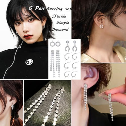 17IF 53 PCS(8 PACK) Silver Plated Jewelry Set for Women，4 Styles | with 6 Necklace 11 Ankle Bracelet 30 Kunckle Ring 6 Pair Earring Hoop Vintage Boho Pearl Birthday Travel Holiday - style: Vintage