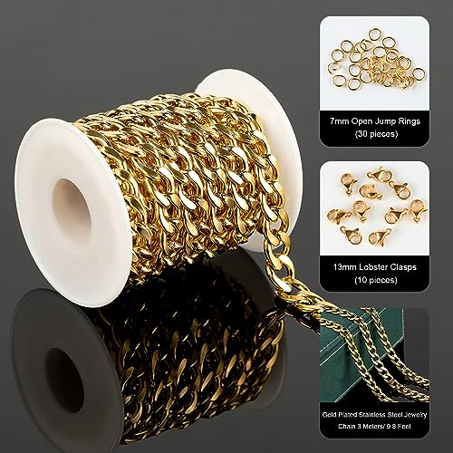 UMAOKANG Gold Cuban Chain for Jewelry Making Chunky Stainless Steel Chains | 9.8 Feet PVD Gold Plated Jewelry Chains Bulk 10mm Wide Necklace Chain for Men Strong Jewelry Chain Roll - color: Gold Twist-10mm