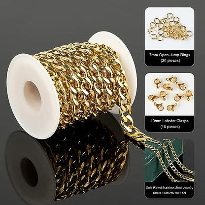 UMAOKANG Gold Cuban Chain for Jewelry Making Chunky Stainless Steel Chains | 9.8 Feet PVD Gold Plated Jewelry Chains Bulk 10mm Wide Necklace Chain for Men Strong Jewelry Chain Roll - color: Gold Twist-10mm