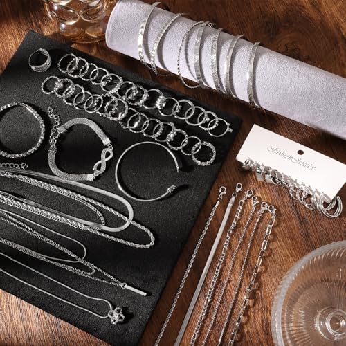 IFKM 36 PCS Silver Plated Jewelry Set with 3 PCS Necklace, 12 PCS Bracelet, 7 PCS Ear Cuffs Earring, 14 Pcs Knuckle Rings for Women Valentine Anniversary Birthday Friendship Gift - color: Trendy Silver Set