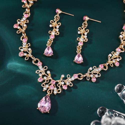Crystal Crown Jewelry Set for Women Bride Queen Tiara Earrings and Necklace | Metal Royal Crown Costume Jewelry Set Wedding Prom Quinceanera Party Pageant Halloween Retirement Christmas Birthday Gift - color: Pink