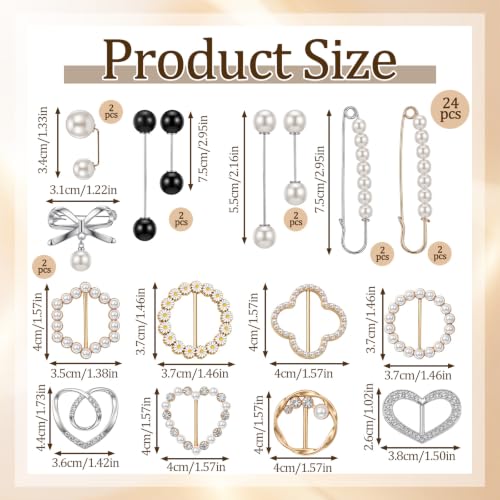 16PCS Pearl Brooch Pins Set & 8PCS Scarf Ring Clip | Decorative Safety Pins for Clothing T-shirt Ties Clips Pearl Collar Clips Dress Cinch Clip for Clothes Cardigan Dress Sweater