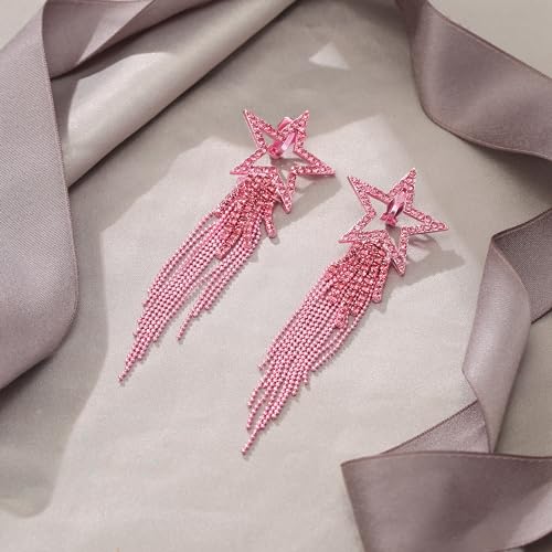 EVER FAITH Crystal Long Waterfall Star Tassel Clip-on Earrings for Women | Rhinestone Beaded Fringe Chandelier Dangle Statement Earring, Wedding Party Jewelry - color: Hot Pink Pink-Tone