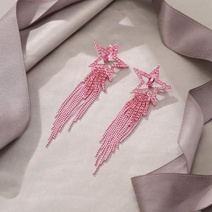 EVER FAITH Crystal Long Waterfall Star Tassel Clip-on Earrings for Women | Rhinestone Beaded Fringe Chandelier Dangle Statement Earring, Wedding Party Jewelry - color: Hot Pink Pink-Tone