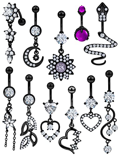 Prjndjw Belly Button Dangle 14G Surgical Steel Rings Pregnancy Snakes Glow CZ Heart Silver 11pcs Piercing Kit - color: Black Belly button ring