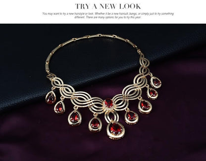 4-Piece Golden Teardrop Crystal Jewelry Set Black Red | 4-piece golden set with black red crystals Lightweight anti-tarnish Perfect for weddings galas - color: Red