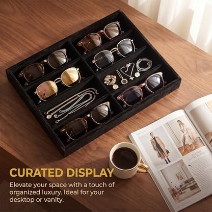 Stratalife 8 Grids Drawer Sunglasses Organizer Tray, Black Velvet | Stackable Eyeglasses Storage Case with Removable Dividers, Jewelry Display Case for Necklace Bracelet, 13.78x9.5x1.2inch - color: Black