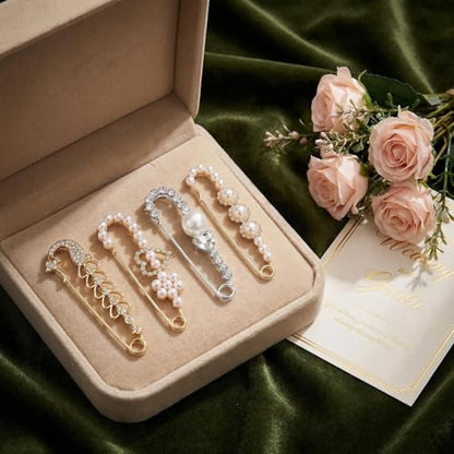 4 Pcs Women Brooch Pins Set, Faux Crystal Pearl Decorative Brooches, Multipurpose Sweater Shawl Clips, Safety Fastener Clothes Buckle Clips, Stylish Dress Shirt Clips for Daily Outfit Decoration