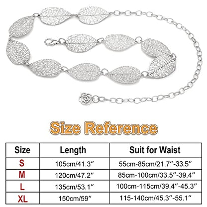 Metal Waist Chain Body Jewelry Link Belt for Women Girls - color: Leaf Silver 1, size: S: 35.4 in (90 cm)
