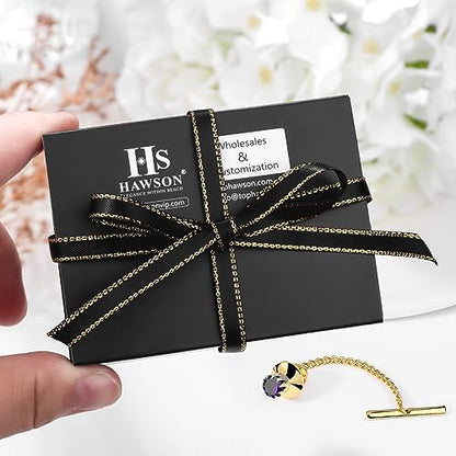 HAWSON Mens Tie Tack with Chain Round Crystal Wedding Business Accessories - color: Gold + Purple Velvet