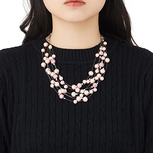 FULU AUTUMN Layered Pearl Necklace Multi-strand Pearl Choker Necklaces for Women Beaded jewelry for Wedding Parties - color: 37-Pink