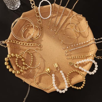 IFKM 6 PACK (24 PCS) Boho Gold Chain Bracelets Set for Women, 14K Gold Plated Multiple Layered Stackable Open Cuff Wrap Bangle Adjustable Link Italian Cuban Jewelry for Women Gift - style: 28pcs Gold Chain
