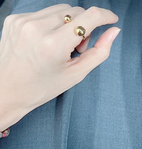 NewZenro 18K Real Gold Plated Ball Statement Open Ring Dainty Minimalist Stainless Steel Double Balls Promise Adjustable Finger Band Engagement Rings for Women Her Girlfriend Jewelry Gifts
