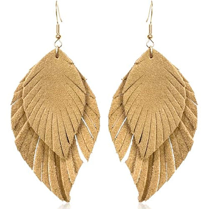 Handmade Bohemian Large Soft Genuine Leather Fringe Double Feather Dangle Drop Earrings Lightweight Simple Color PU Leaf Hook Earrings for Women - color: Beige