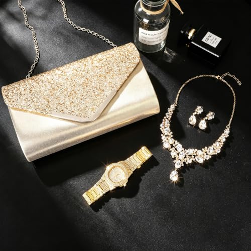 NEWITIN 5 Pieces Purse Rhinestone Jewelry Set for Women Prom Jewels Crystal Clutch Purse Watch Necklace Earrings Silver Jewelry Set for Women Bride - color: Gold