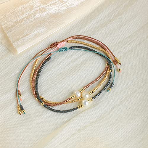 KELITCH 3 PCS Natural Pearls Bracelets Women Strand Thin Rope Friendship Bracelets Handmade Stack Charm Bracelets - color: Gold Grey 02B