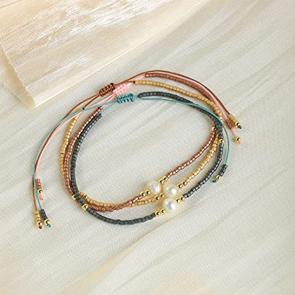 KELITCH 3 PCS Natural Pearls Bracelets Women Strand Thin Rope Friendship Bracelets Handmade Stack Charm Bracelets - color: Gold Grey 02B