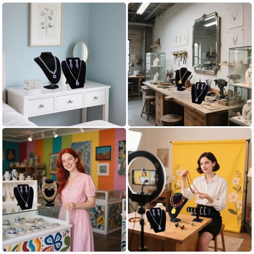 Black Velvet Necklace Display Bust, 4Pcs with Bracelet Holder for Vendors