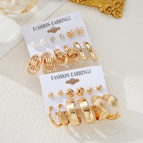 12 Pairs Gold Hoop Earrings, Gold Plated Big Classics Hypoallergenic Stack, Thick Open Twisted Huggie Hoops Earring Set Lightweight