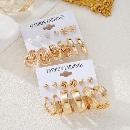 12 Pairs Gold Hoop Earrings, Gold Plated Big Classics Hypoallergenic Stack, Thick Open Twisted Huggie Hoops Earring Set Lightweight