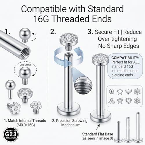 DJCIW G23 Titanium 18G Internally Threaded Flat Back Labret Post Only, 6-12mm Replacement Piercing Shaft for Helix Tragus Nose Lip - color: silver