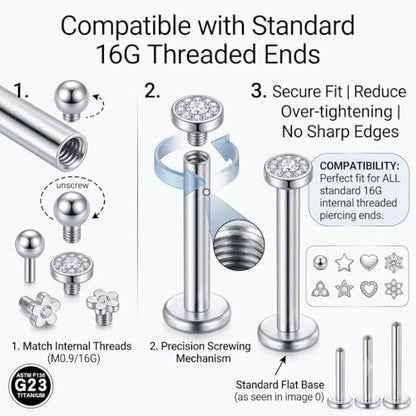 DJCIW G23 Titanium 18G Internally Threaded Flat Back Labret Post Only, 6-12mm Replacement Piercing Shaft for Helix Tragus Nose Lip - color: silver