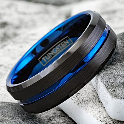 Engraved Personalized 6mm/8mm Brushed Finish Black Tungsten Carbide Band Ring w/Brilliant Thin Blue Line Stripe, Matching Blue Inner Band & Black Beveled Edges.
