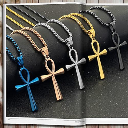 JUNOVUROS 18 to 28 Inches Rolo Chain Ancient Ankh Cross Pendant Necklace for Men Women Boys Girls 316L Stainless Steel with Large And Medium Sizes - color: H-Blue/Size:1.77 '' * 0.98 ", style: 20 Inches