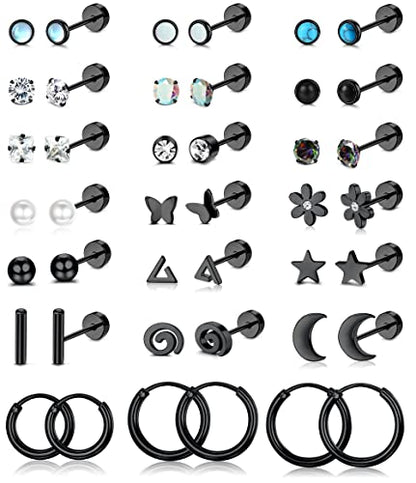 LOLIAS 21 Paris Stainless Surgical Steel Flat Back Earrings Hypoallergenic | 20G Cartilage Earring Stacks,Screw Back Nap Flatback Stud Earrings for Sensitive Ears Women,Earring Set,Pack Piercing Jewelry - color: Black-plated