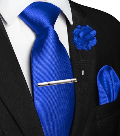 JEMYGINS Formal Necktie Solid Color Tie and Pocket Square with Tie Clip Lapel Pin Sets for Men 4PCS - color: Royal Blue