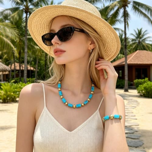 YBMYCM Colorful Resin Beaded Necklace Bracelet Set for Women, Adjustable Chunky Choker Necklace with Stretch Bracelet, Boho Statement Summer Beach Jewelry Gift for Her - color: Sky blue