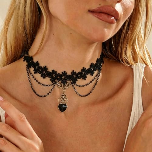 Black Necklaces for Women,Adjustable Layered Collar,Goth Jewelry - color: Black Heart