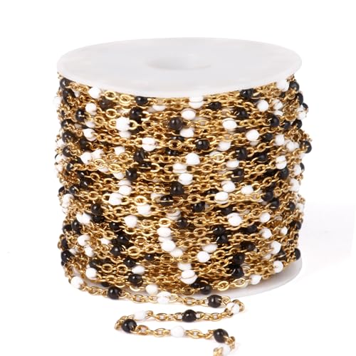 33FT 2mm Gold Cable Chains Black White Enamel Chain Bulk for Jewelry Making | 18K Gold PVD Plated Stainless Steel Enamel Beaded Chains Roll for Necklace Bracelet - color: Gold White Black Beads