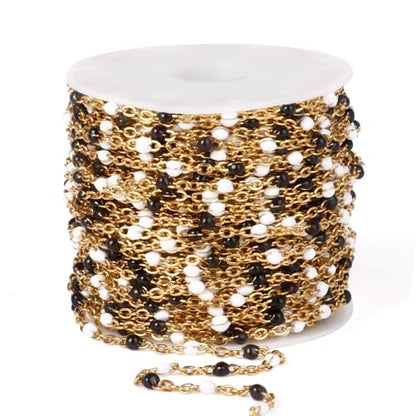 33FT 2mm Gold Cable Chains Black White Enamel Chain Bulk for Jewelry Making | 18K Gold PVD Plated Stainless Steel Enamel Beaded Chains Roll for Necklace Bracelet - color: Gold White Black Beads